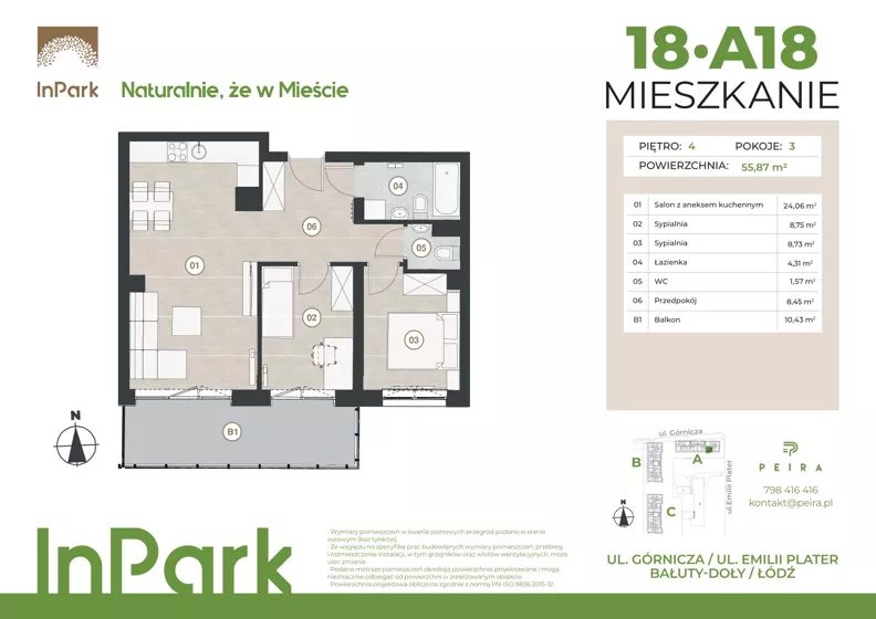 3 pokoje, mieszkanie 55,87 m², piętro 4, oferta nr 18, InPark, Łódź, Bałuty, ul. Górnicza 31