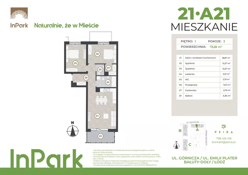 3 pokoje, mieszkanie 73,28 m², piętro 1, oferta nr 21, InPark, Łódź, Bałuty, ul. Górnicza 31