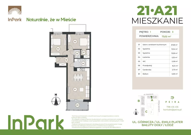 3 pokoje, mieszkanie 73,28 m², piętro 1, oferta nr 21, InPark, Łódź, Bałuty, ul. Górnicza 31