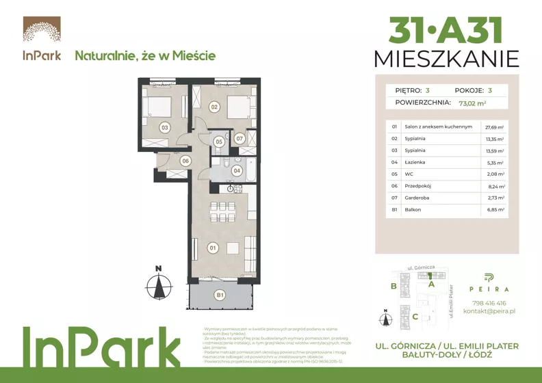 3 pokoje, mieszkanie 73,02 m², piętro 3, oferta nr 31, InPark, Łódź, Bałuty, ul. Górnicza 31