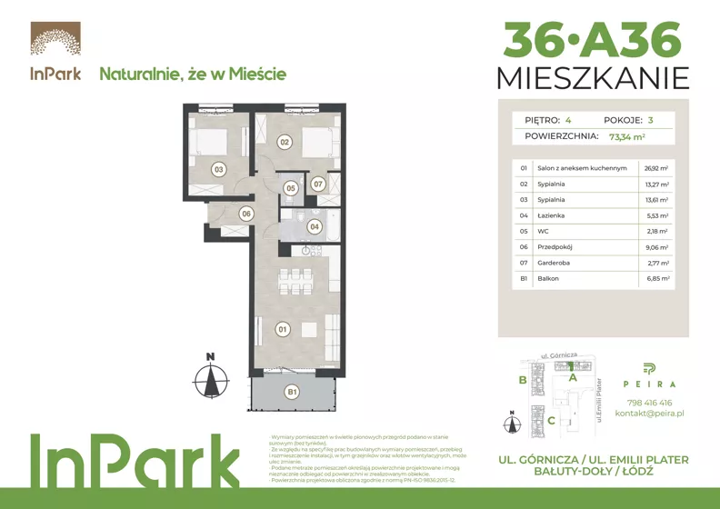 3 pokoje, mieszkanie 73,34 m², piętro 4, oferta nr 36, InPark, Łódź, Bałuty, ul. Górnicza 31
