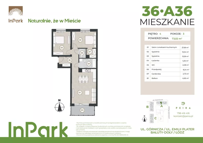 3 pokoje, mieszkanie 73,34 m², piętro 4, oferta nr 36, InPark, Łódź, Bałuty, ul. Górnicza 31