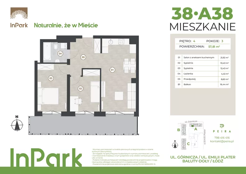 3 pokoje, mieszkanie 57,81 m², piętro 4, oferta nr 38, InPark, Łódź, Bałuty, ul. Górnicza 31