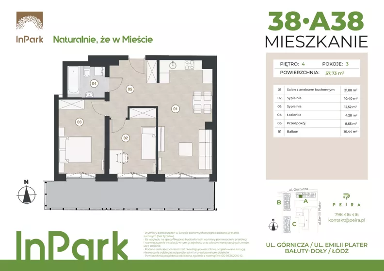 3 pokoje, mieszkanie 57,81 m², piętro 4, oferta nr 38, InPark, Łódź, Bałuty, ul. Górnicza 31