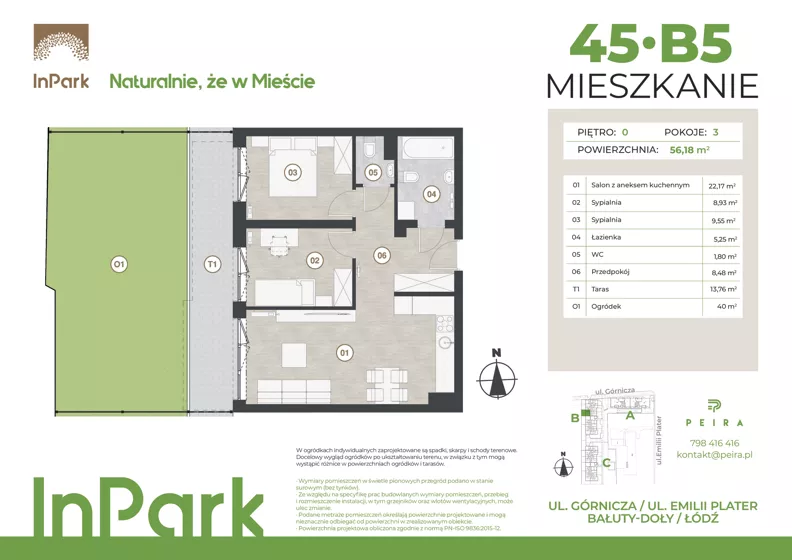 3 pokoje, mieszkanie 56,18 m², parter, oferta nr 45, InPark, Łódź, Bałuty, ul. Górnicza 31