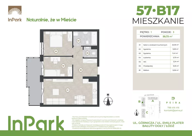 3 pokoje, mieszkanie 59,73 m², piętro 1, oferta nr 57, InPark, Łódź, Bałuty, ul. Górnicza 31