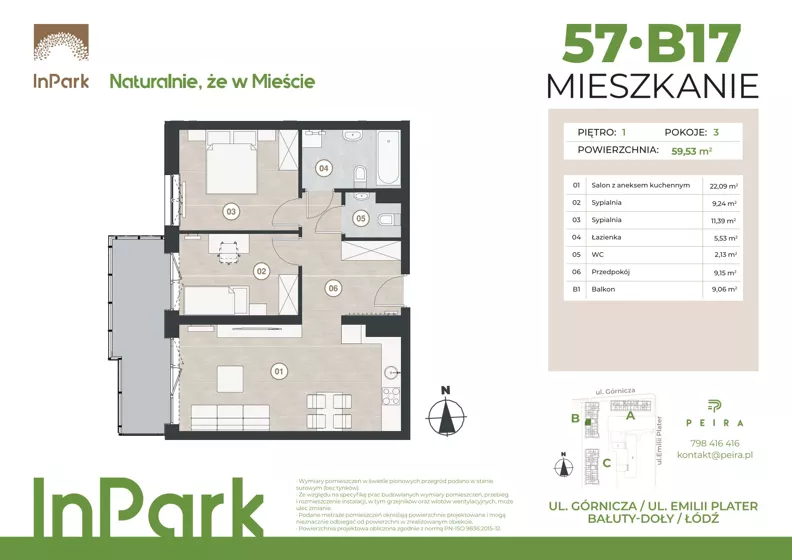 3 pokoje, mieszkanie 59,73 m², piętro 1, oferta nr 57, InPark, Łódź, Bałuty, ul. Górnicza 31