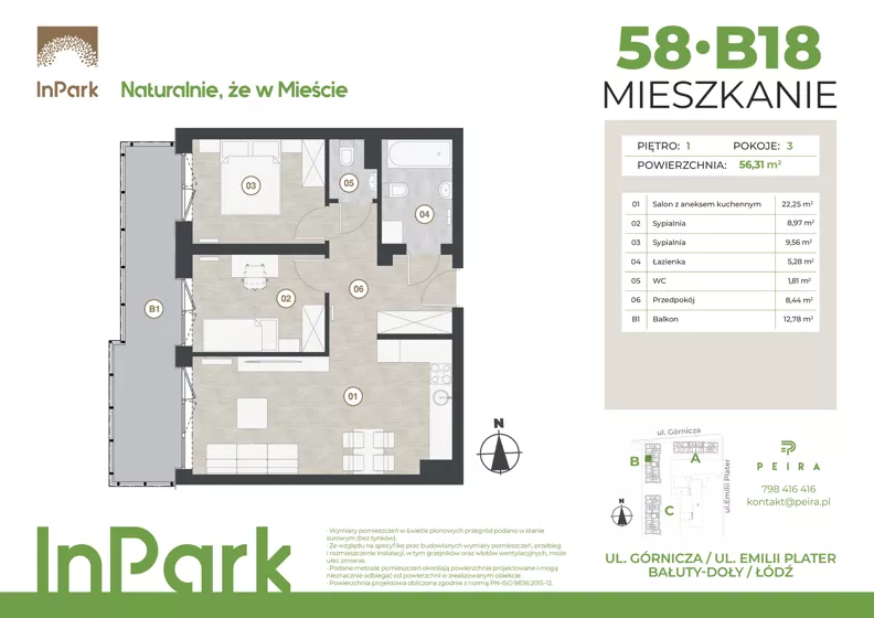 3 pokoje, mieszkanie 56,31 m², piętro 1, oferta nr 58, InPark, Łódź, Bałuty, ul. Górnicza 31