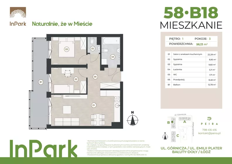 3 pokoje, mieszkanie 56,31 m², piętro 1, oferta nr 58, InPark, Łódź, Bałuty, ul. Górnicza 31