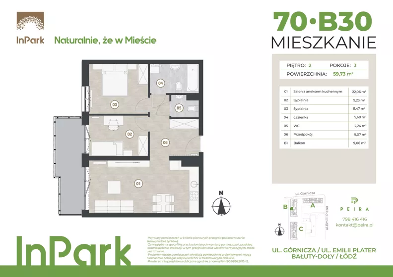 3 pokoje, mieszkanie 59,73 m², piętro 2, oferta nr 70, InPark, Łódź, Bałuty, ul. Górnicza 31