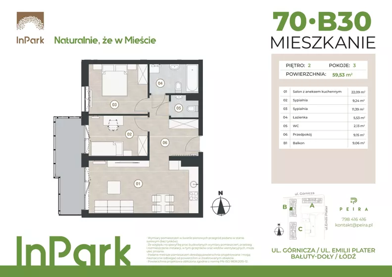 3 pokoje, mieszkanie 59,73 m², piętro 2, oferta nr 70, InPark, Łódź, Bałuty, ul. Górnicza 31