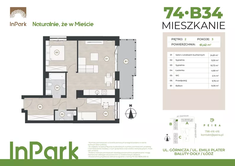 3 pokoje, mieszkanie 61,43 m², piętro 2, oferta nr 74, InPark, Łódź, Bałuty, ul. Górnicza 31