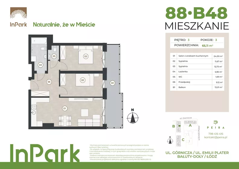 3 pokoje, mieszkanie 65,33 m², piętro 3, oferta nr 88, InPark, Łódź, Bałuty, ul. Górnicza 31