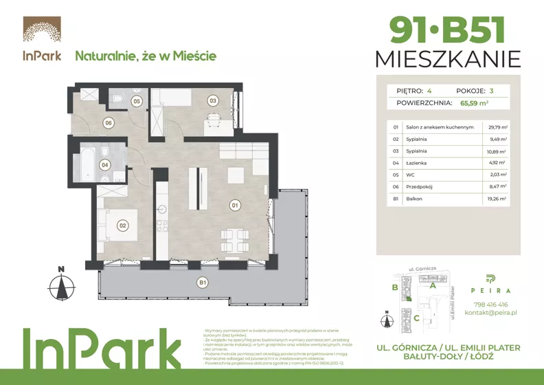 3 pokoje, mieszkanie 65,56 m², piętro 4, oferta nr 91, InPark, Łódź, Bałuty, ul. Górnicza 31