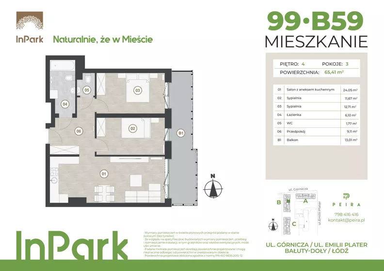 3 pokoje, mieszkanie 65,41 m², piętro 4, oferta nr 99, InPark, Łódź, Bałuty, ul. Górnicza 31