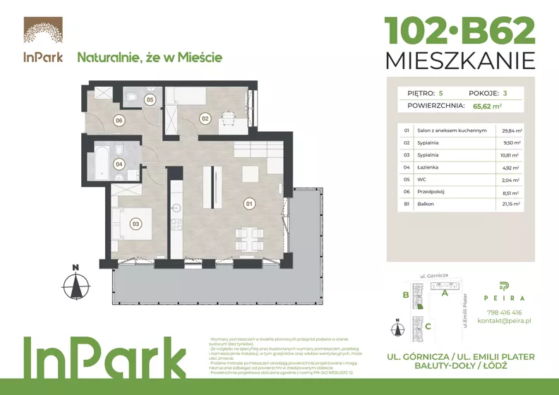 3 pokoje, mieszkanie 65,62 m², piętro 5, oferta nr 102, InPark, Łódź, Bałuty, ul. Górnicza 31