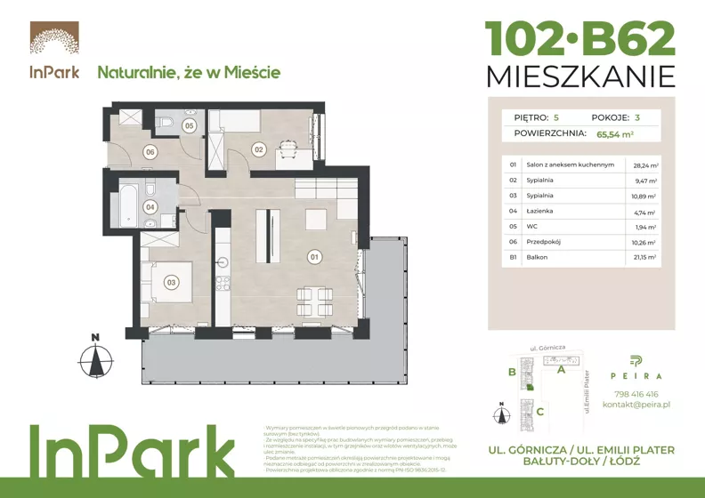 3 pokoje, mieszkanie 65,62 m², piętro 5, oferta nr 102, InPark, Łódź, Bałuty, ul. Górnicza 31