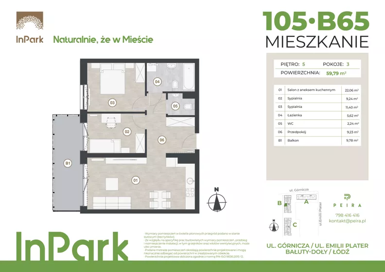 3 pokoje, mieszkanie 59,79 m², piętro 5, oferta nr 105, InPark, Łódź, Bałuty, ul. Górnicza 31