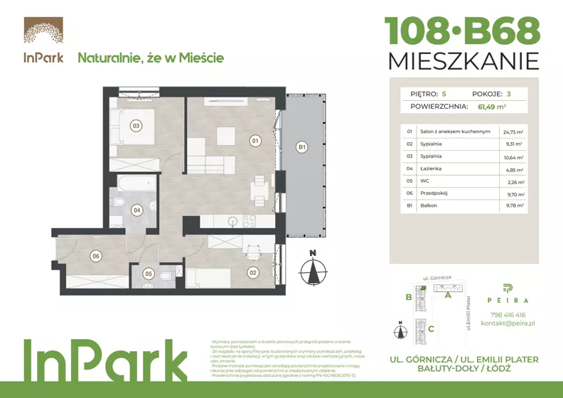 3 pokoje, mieszkanie 61,49 m², piętro 5, oferta nr 108, InPark, Łódź, Bałuty, ul. Górnicza 31