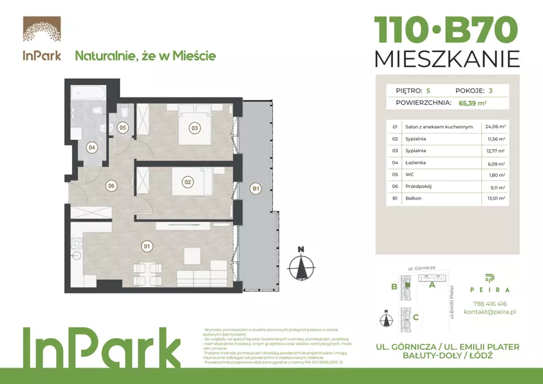 3 pokoje, mieszkanie 65,39 m², piętro 5, oferta nr 110, InPark, Łódź, Bałuty, ul. Górnicza 31
