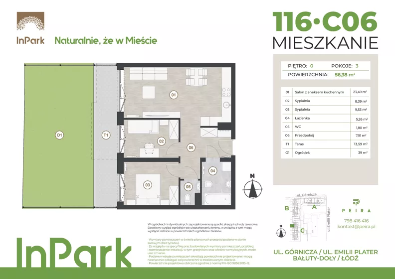3 pokoje, mieszkanie 56,38 m², parter, oferta nr 116, InPark, Łódź, Bałuty, ul. Górnicza 31