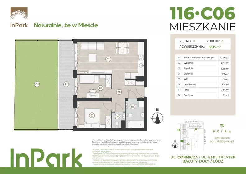 3 pokoje, mieszkanie 56,38 m², parter, oferta nr 116, InPark, Łódź, Bałuty, ul. Górnicza 31