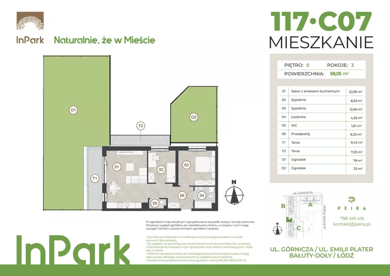 3 pokoje, mieszkanie 58,05 m², parter, oferta nr 117, InPark, Łódź, Bałuty, ul. Górnicza 31