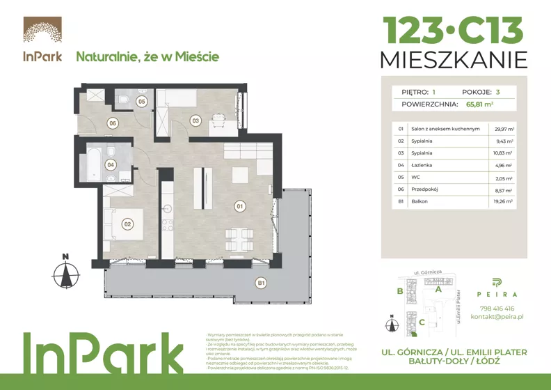 3 pokoje, mieszkanie 65,81 m², piętro 1, oferta nr 123, InPark, Łódź, Bałuty, ul. Górnicza 31