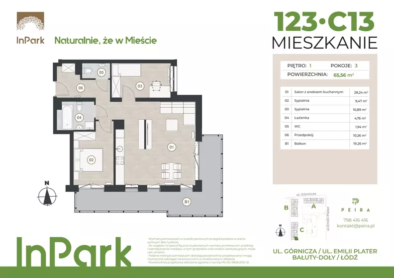3 pokoje, mieszkanie 65,81 m², piętro 1, oferta nr 123, InPark, Łódź, Bałuty, ul. Górnicza 31