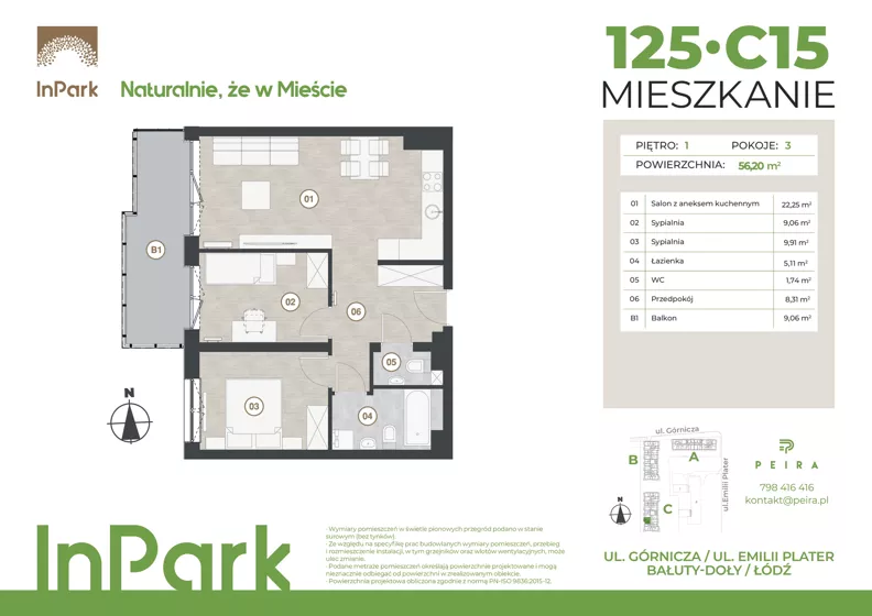 3 pokoje, mieszkanie 56,20 m², piętro 1, oferta nr 125, InPark, Łódź, Bałuty, ul. Górnicza 31