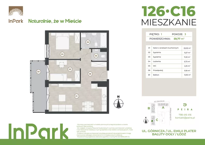 3 pokoje, mieszkanie 59,77 m², piętro 1, oferta nr 126, InPark, Łódź, Bałuty, ul. Górnicza 31