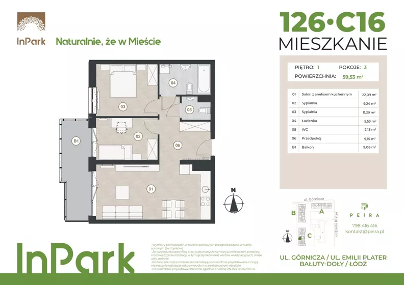3 pokoje, mieszkanie 59,77 m², piętro 1, oferta nr 126, InPark, Łódź, Bałuty, ul. Górnicza 31