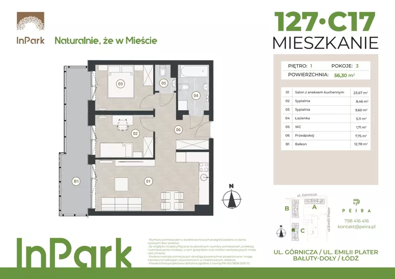 3 pokoje, mieszkanie 56,38 m², piętro 1, oferta nr 127, InPark, Łódź, Bałuty, ul. Górnicza 31