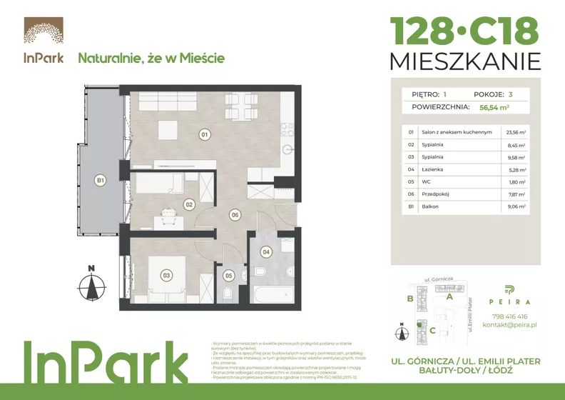 3 pokoje, mieszkanie 56,54 m², piętro 1, oferta nr 128, InPark, Łódź, Bałuty, ul. Górnicza 31