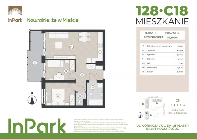 3 pokoje, mieszkanie 56,54 m², piętro 1, oferta nr 128, InPark, Łódź, Bałuty, ul. Górnicza 31
