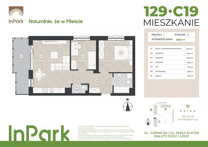 3 pokoje, mieszkanie 58,32 m², piętro 1, oferta nr 129, InPark, Łódź, Bałuty, ul. Górnicza 31