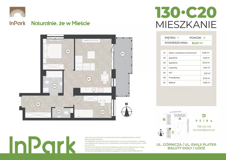 3 pokoje, mieszkanie 61,47 m², piętro 1, oferta nr 130, InPark, Łódź, Bałuty, ul. Górnicza 31