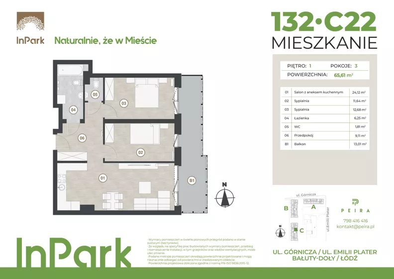 3 pokoje, mieszkanie 65,38 m², piętro 1, oferta nr 132, InPark, Łódź, Bałuty, ul. Górnicza 31