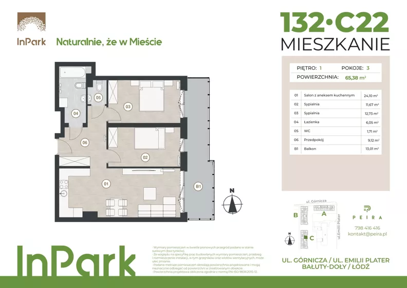 3 pokoje, mieszkanie 65,38 m², piętro 1, oferta nr 132, InPark, Łódź, Bałuty, ul. Górnicza 31