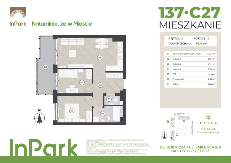 3 pokoje, mieszkanie 56,13 m², piętro 2, oferta nr 137, InPark, Łódź, Bałuty, ul. Emilii Plater / ul. Górnicza