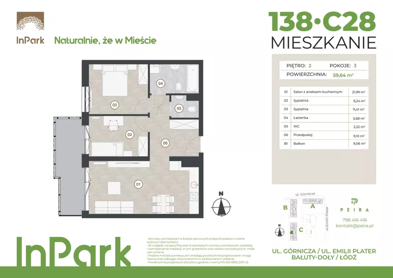 3 pokoje, mieszkanie 59,53 m², piętro 2, oferta nr 138, InPark, Łódź, Bałuty, ul. Górnicza 31