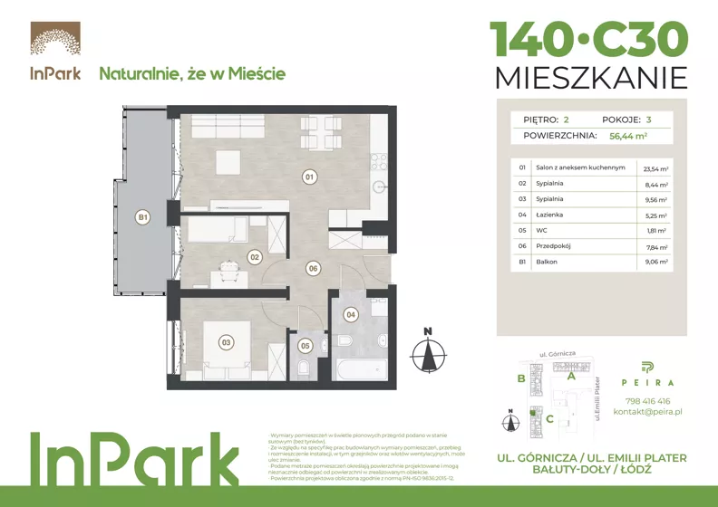 3 pokoje, mieszkanie 56,44 m², piętro 2, oferta nr 140, InPark, Łódź, Bałuty, ul. Górnicza 31