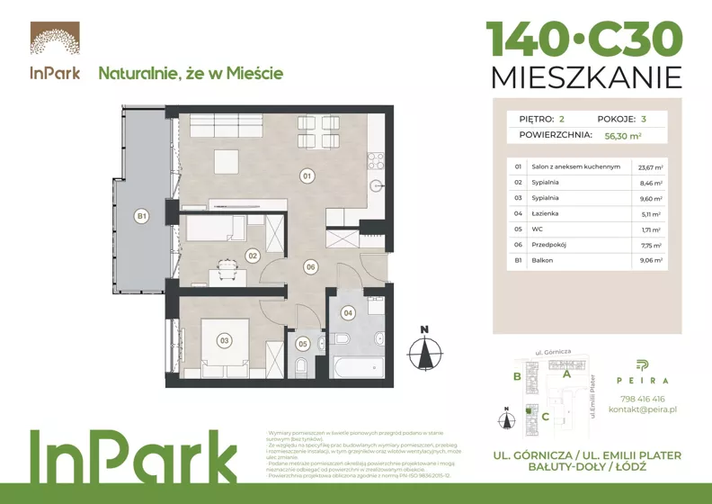 3 pokoje, mieszkanie 56,44 m², piętro 2, oferta nr 140, InPark, Łódź, Bałuty, ul. Górnicza 31