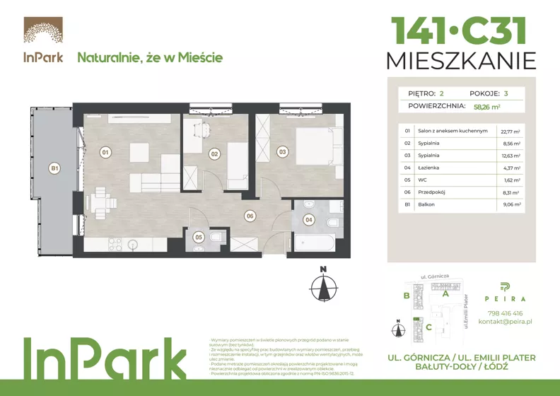 3 pokoje, mieszkanie 58,26 m², piętro 2, oferta nr 141, InPark, Łódź, Bałuty, ul. Emilii Plater / ul. Górnicza