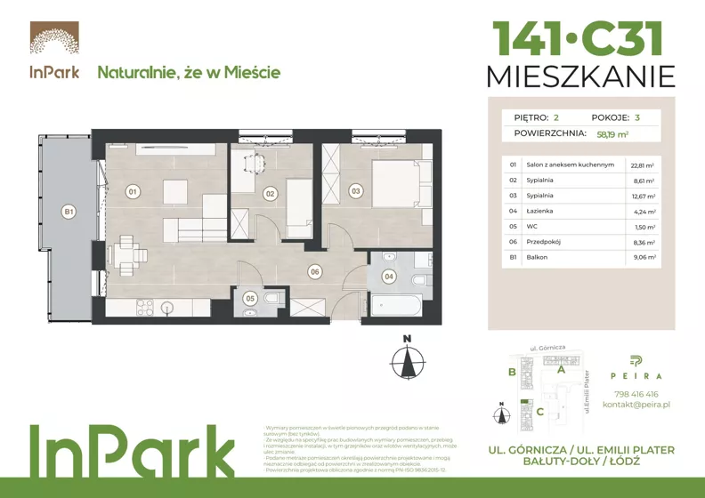 3 pokoje, mieszkanie 58,26 m², piętro 2, oferta nr 141, InPark, Łódź, Bałuty, ul. Emilii Plater / ul. Górnicza