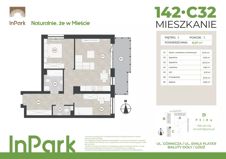 3 pokoje, mieszkanie 61,57 m², piętro 2, oferta nr 142, InPark, Łódź, Bałuty, ul. Górnicza 31