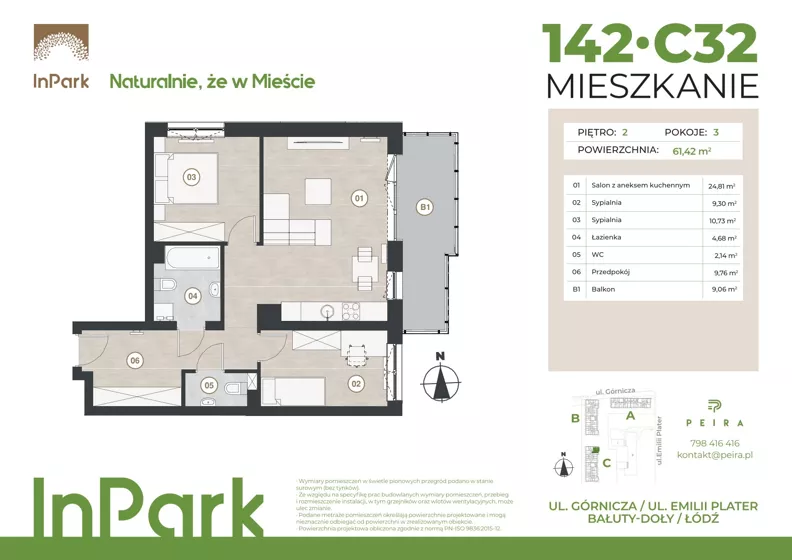 3 pokoje, mieszkanie 61,57 m², piętro 2, oferta nr 142, InPark, Łódź, Bałuty, ul. Górnicza 31
