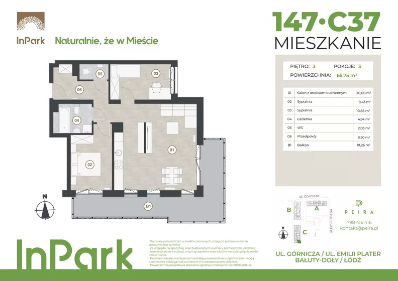 3 pokoje, mieszkanie 65,75 m², piętro 3, oferta nr 147, InPark, Łódź, Bałuty, ul. Górnicza 31