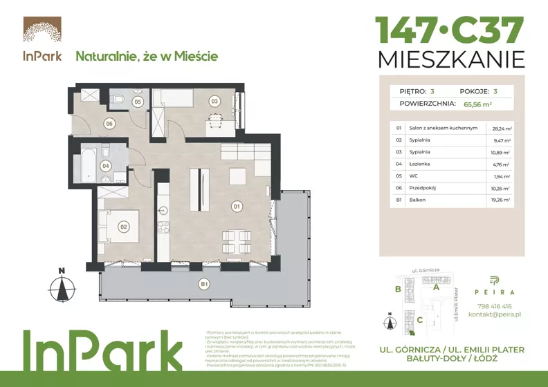 3 pokoje, mieszkanie 65,75 m², piętro 3, oferta nr 147, InPark, Łódź, Bałuty, ul. Górnicza 31