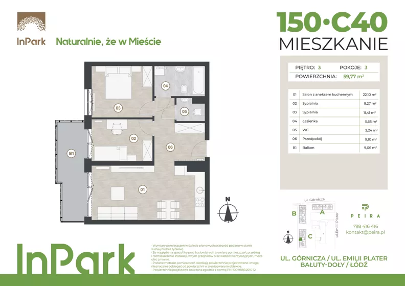 3 pokoje, mieszkanie 59,77 m², piętro 3, oferta nr 150, InPark, Łódź, Bałuty, ul. Górnicza 31